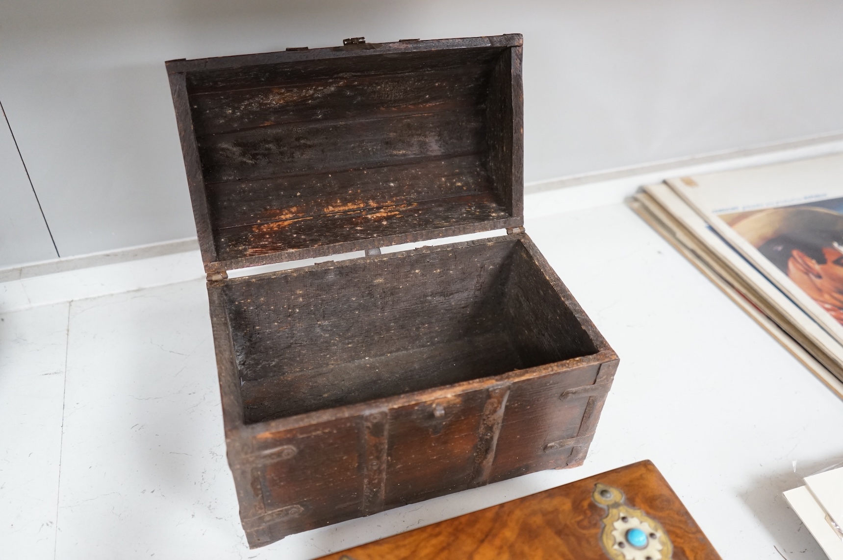 Two 19th century ivory and turquoise glass overlaid burr walnut boxes and an Indo colonial wrought iron mounted miniature chest, 28cm wide CITES Submission reference, T14WQFY5